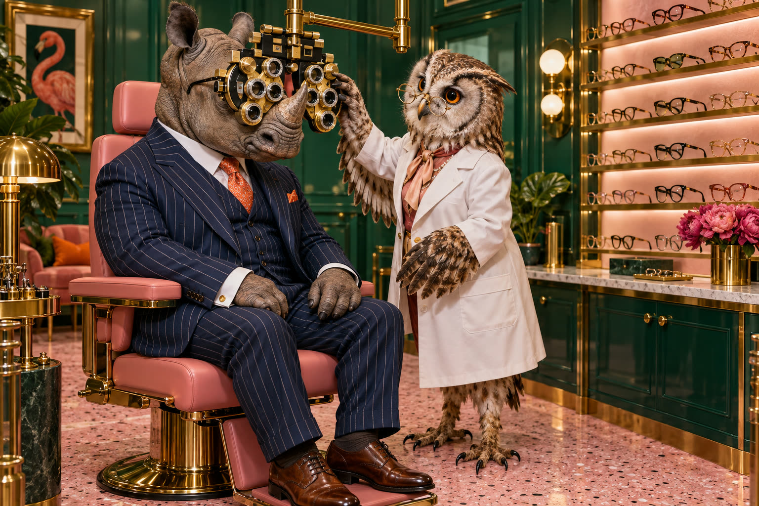 A rhinoceros in a pinstripe suit looks through a brass phoropter while an owl optometrist in a white coat adjusts it, in an emerald green exam room with a wall of frames