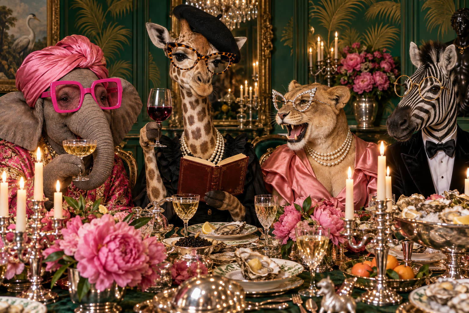 A giraffe in a black beret and tortoiseshell cat-eye glasses reads a book with a glass of red wine at a candlelit dinner party, beside a lioness in pearls and a zebra in a velvet tuxedo