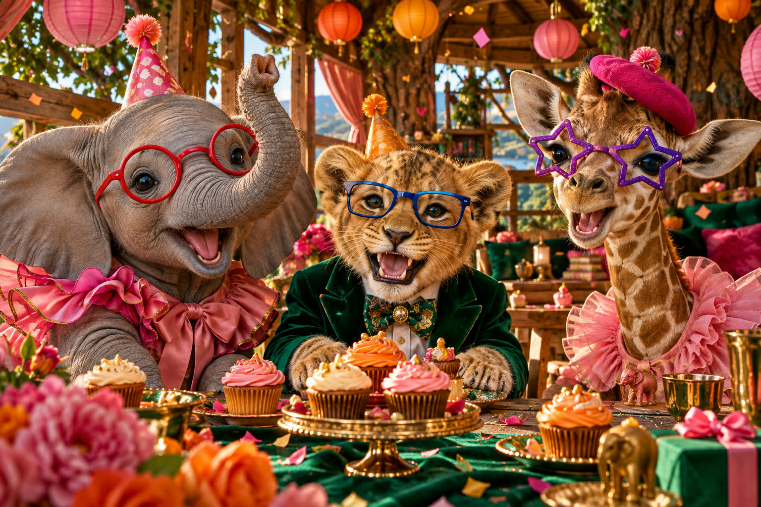 A baby elephant, a lion cub and a baby giraffe in colorful kid-size glasses and party hats laugh around a table of cupcakes