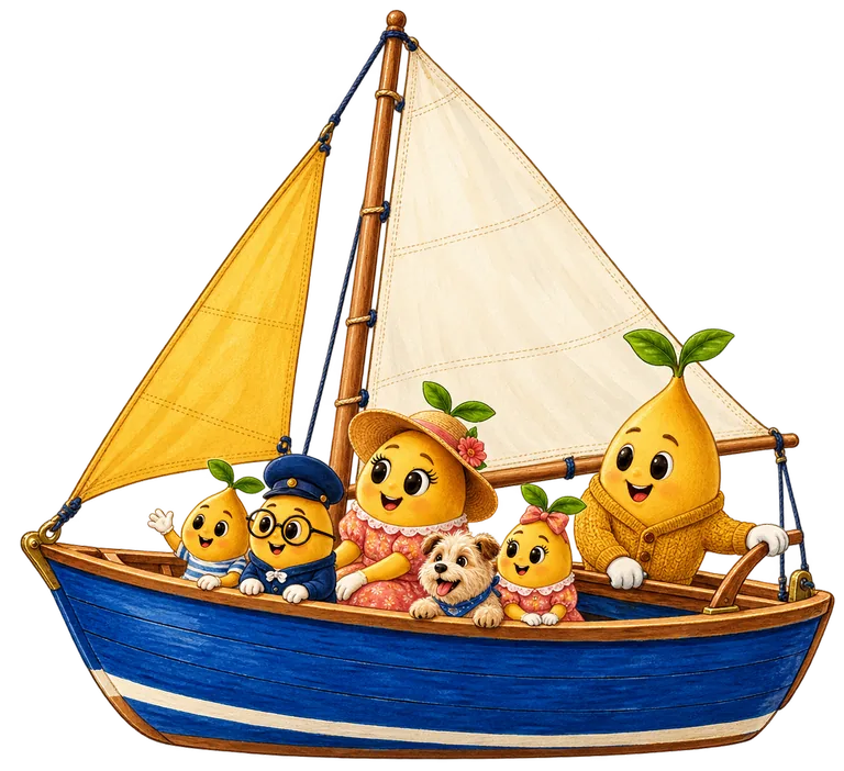 The Mustard family sailing a blue boat on Flathead Lake.
