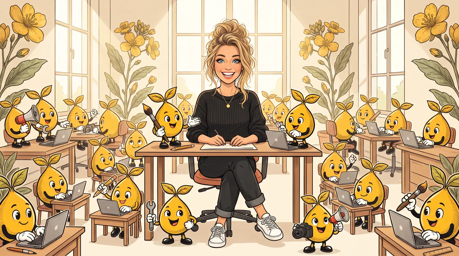 Sarah works at her desk in a sunny studio while a whole crew of mustard seed agents works at little desks all around her.