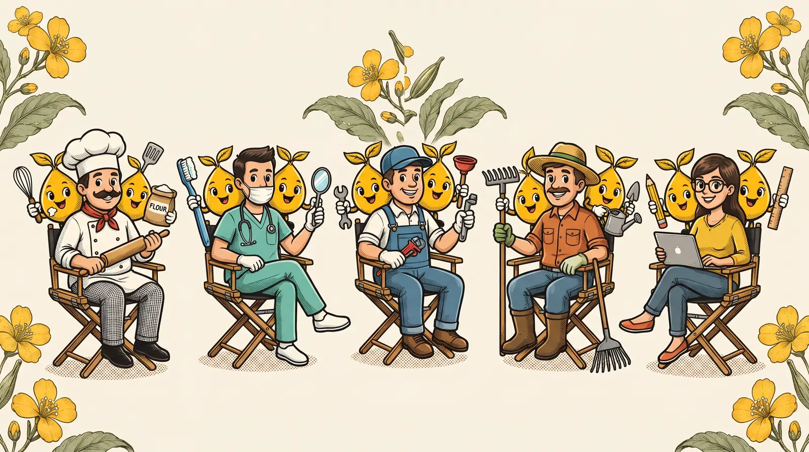 Business owners from different trades sit in a row of director chairs, a chef, a nurse, a mechanic, a gardener and a designer, each with a seed agent.