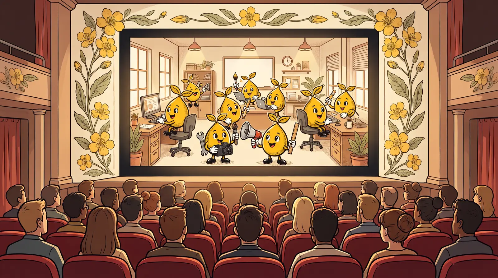 A theater audience watches a big screen showing the studio, every desk filled with mustard seed agents at work.