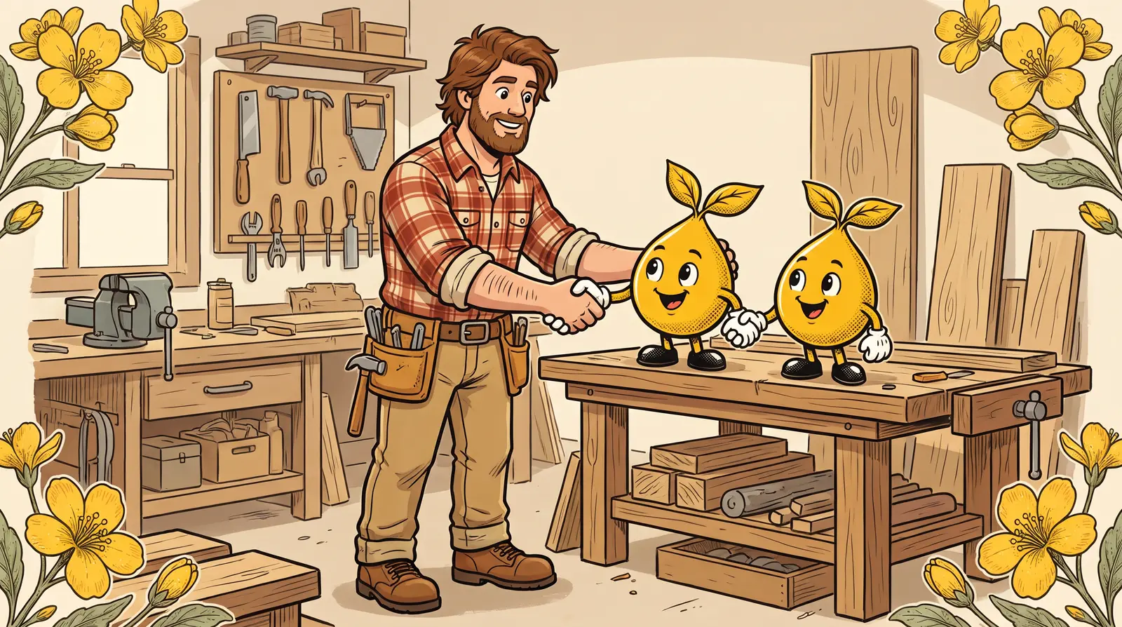 A roofer in a plaid shirt shakes hands with mustard seed agents at his workbench, the crew ready to work.