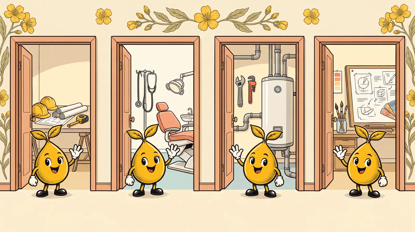 Four open doorways in a row, each into a different trade room: a builder’s shop, a clinic chair, a utility room and a planning office, with a mustard seed agent waiting at each door.