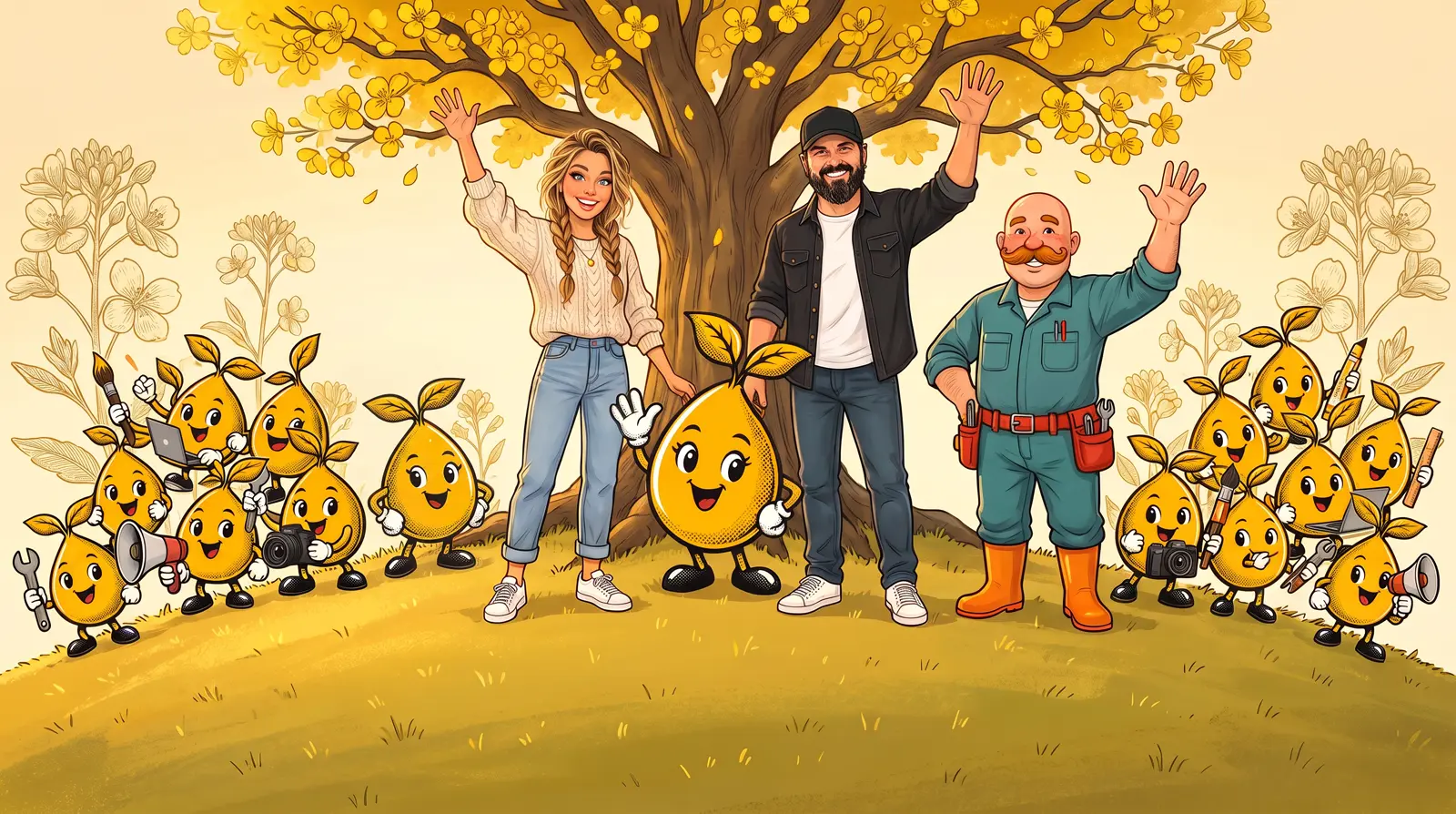 Sarah, Anthony and Dale wave under a great golden mustard tree with the whole seed crew.