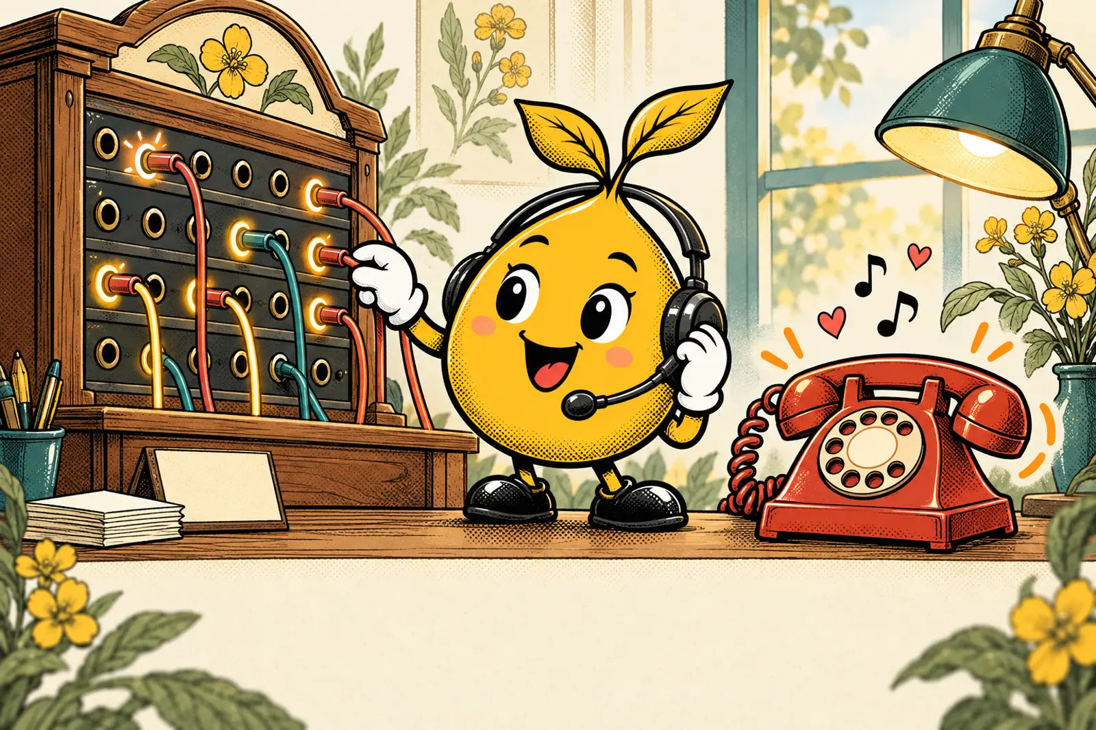 Mr. Mustard in a headset works an old switchboard beside a red rotary phone.