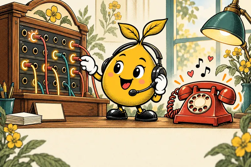 Mr. Mustard in a headset works an old switchboard beside a red rotary phone.
