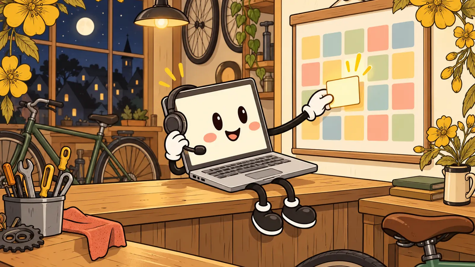 A cheerful laptop character pins colorful notes to a planning board.