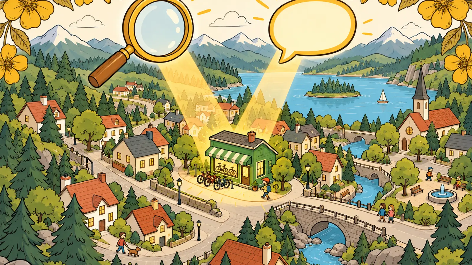 A small shop lit up in a town, under a magnifying glass and a speech bubble