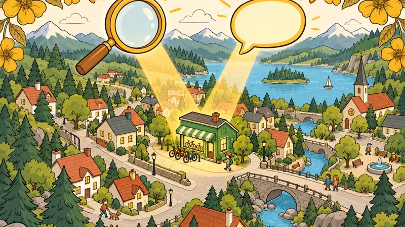 A golden magnifying glass shines down on a storybook lakeside town.