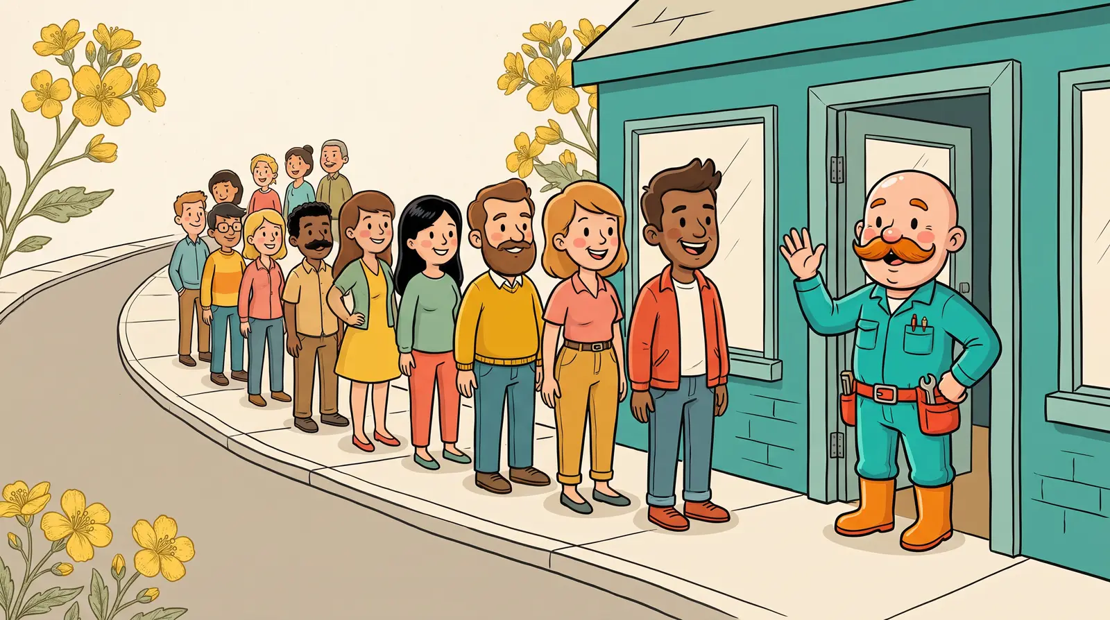 A line of happy customers from every kind of business waits outside a shop while Dale waves from the door.