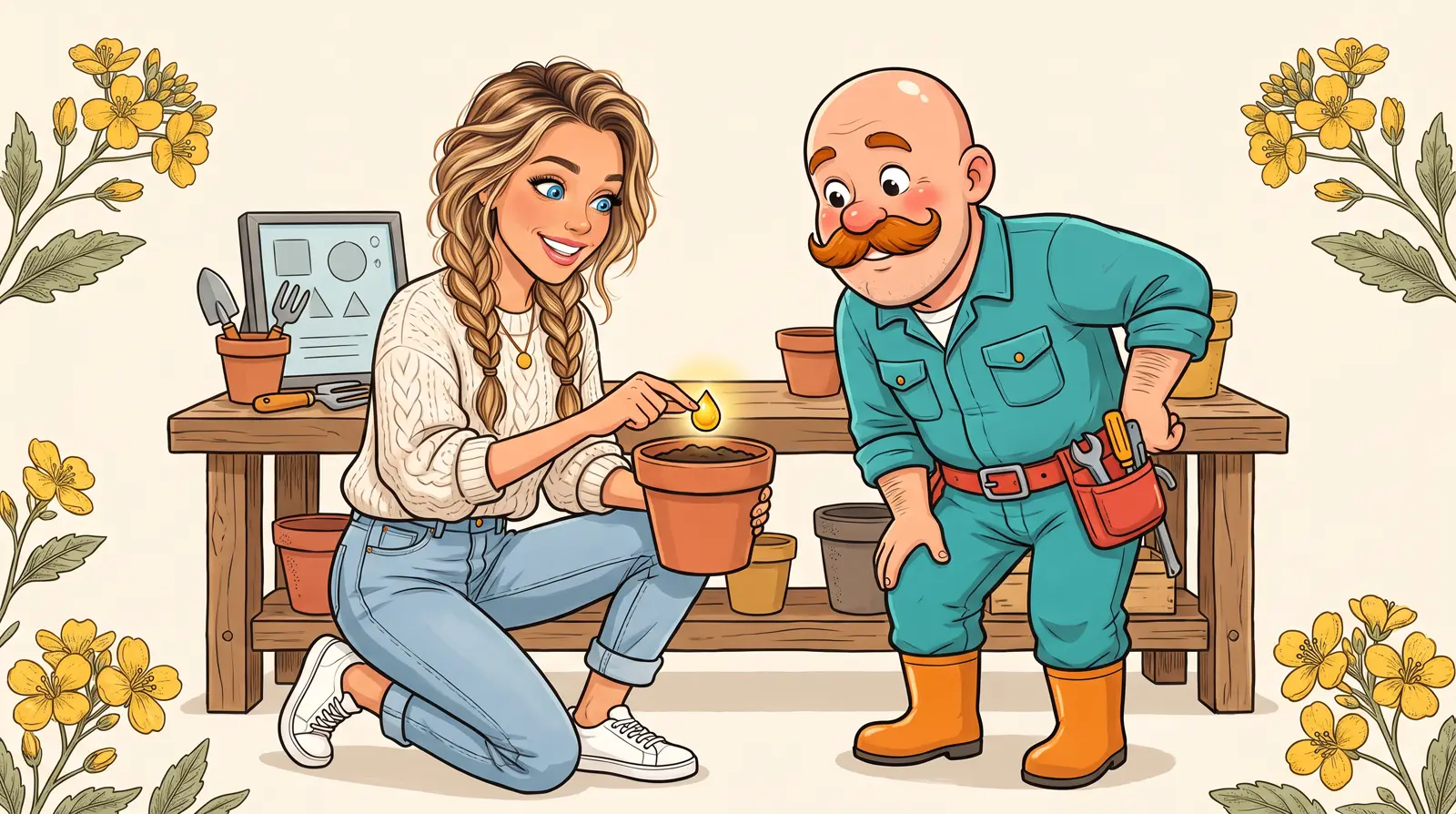 Sarah plants a seedling in a pot at a workbench while Dale the plumber leans in to watch.