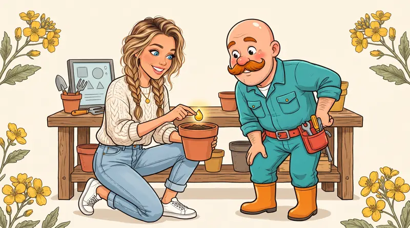 Sarah plants a seedling in a pot at a workbench while Dale the plumber leans in to watch.