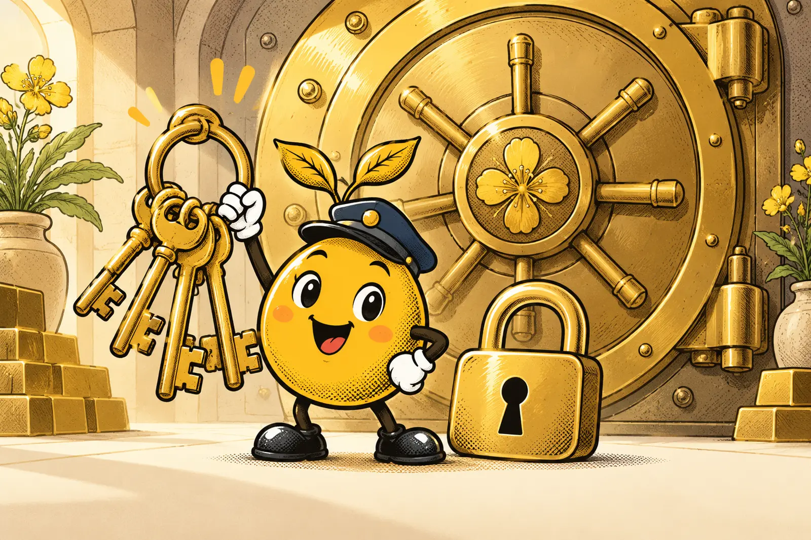 A mustard seed in a cap holds up a ring of brass keys in front of a vault door