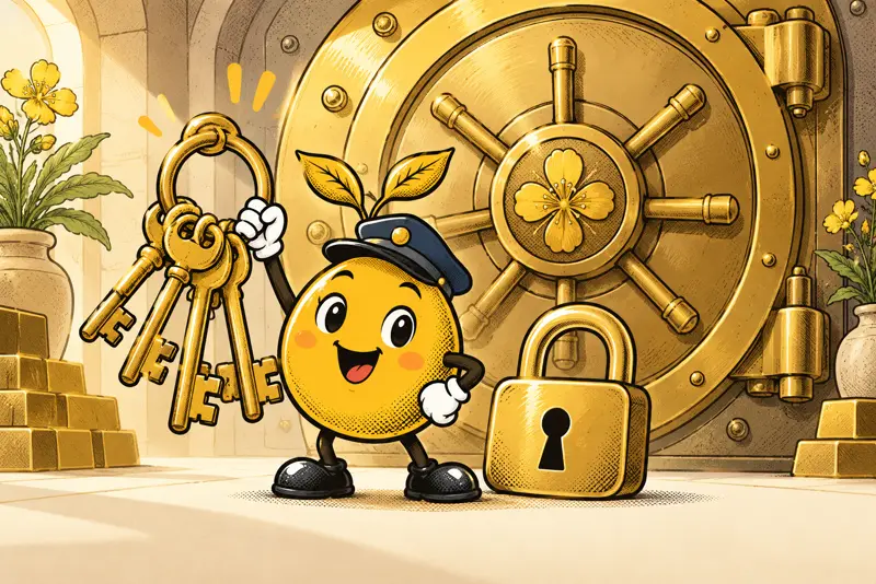 A mustard seed character in a cap guards a golden vault with a ring of keys and a padlock.