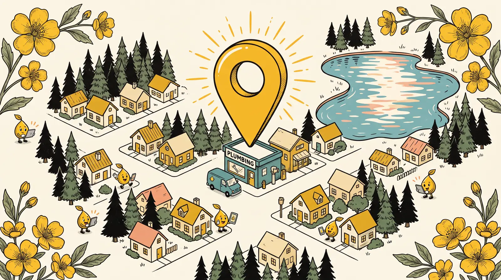 A storybook Montana town among pine forests and a lake, with a golden map pin over Main Street.