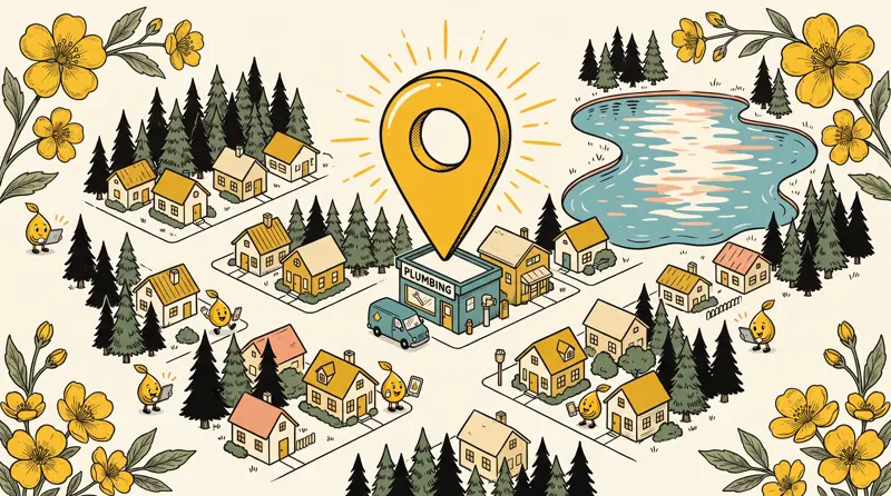 A storybook Montana town among pine forests and a lake, with a golden map pin over Main Street.