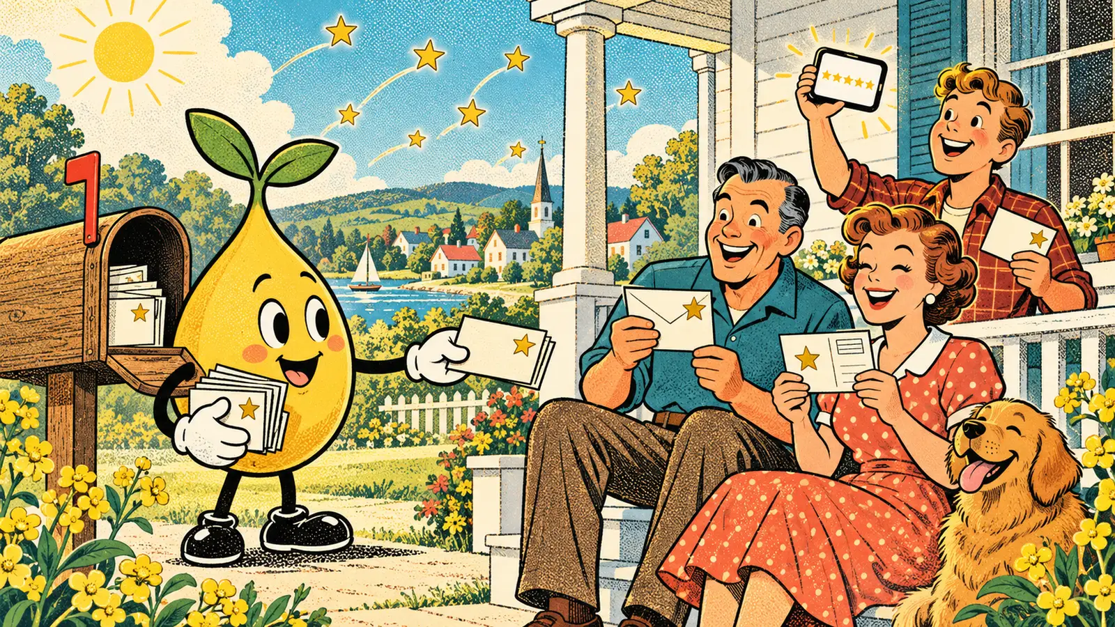 A smiling mustard seed hands star-stamped envelopes from a mailbox to a happy family on their porch while one of them holds up a phone showing five gold stars.