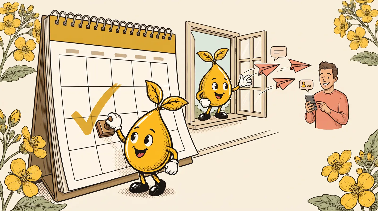 One mustard seed checks off a day on a big calendar while another sends paper planes from a window to a customer smiling at his phone.