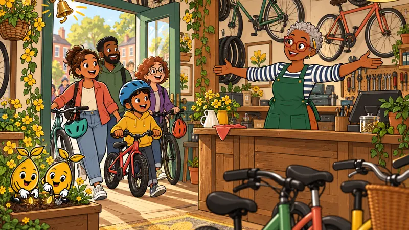 Families browse a busy bike shop while the owner helps a customer at the counter.