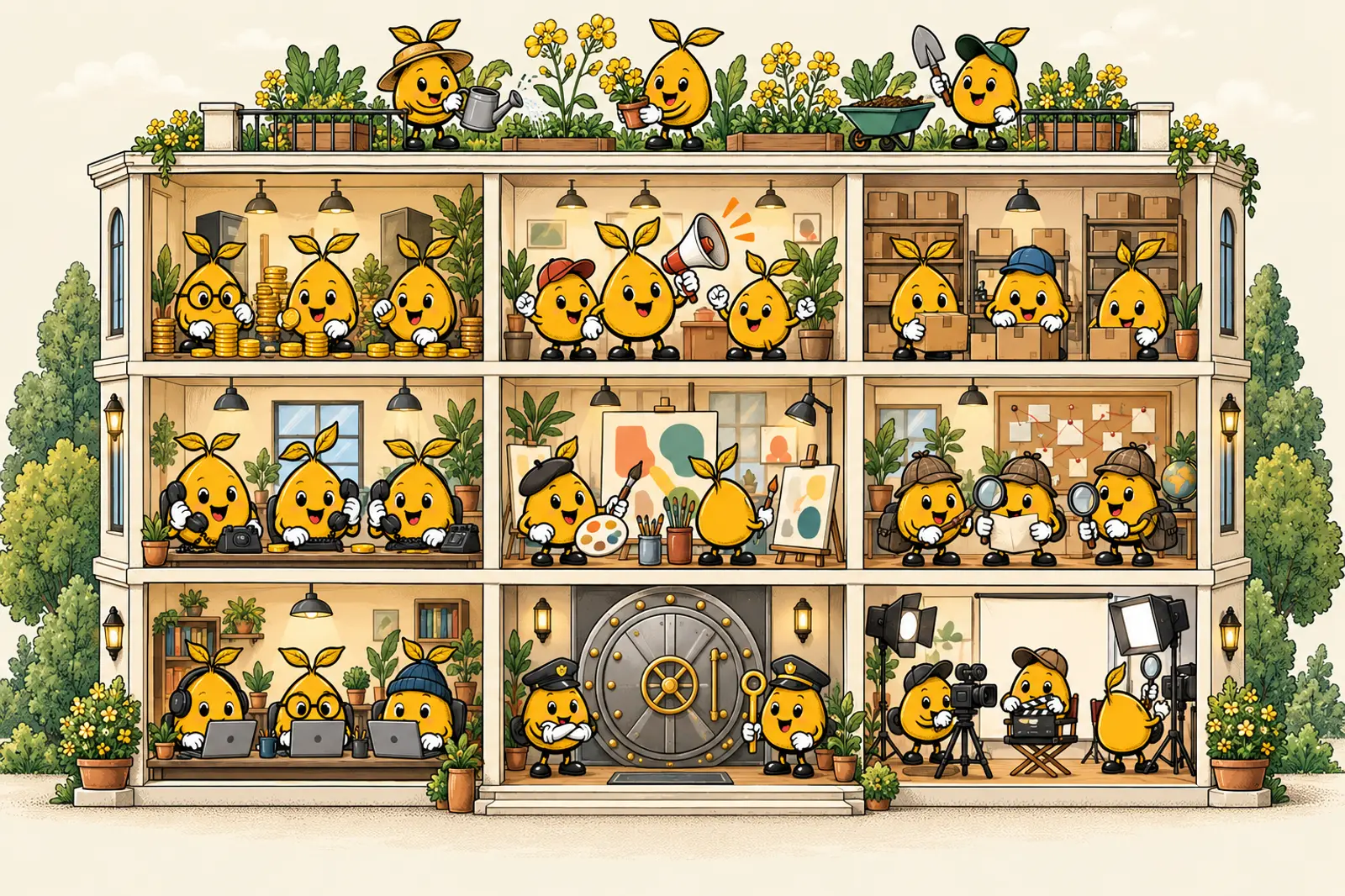 A cutaway of the studio building, every room full of mustard seed characters at work.