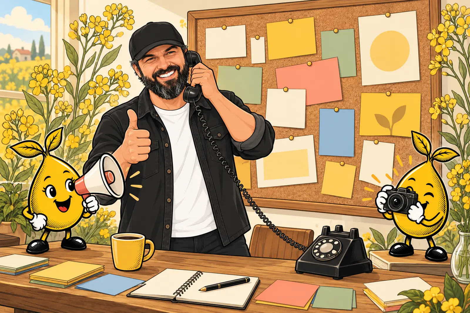 Anthony laughs on an old phone and gives a thumbs up beside a board of campaign cards, with seed characters holding a megaphone and a camera.