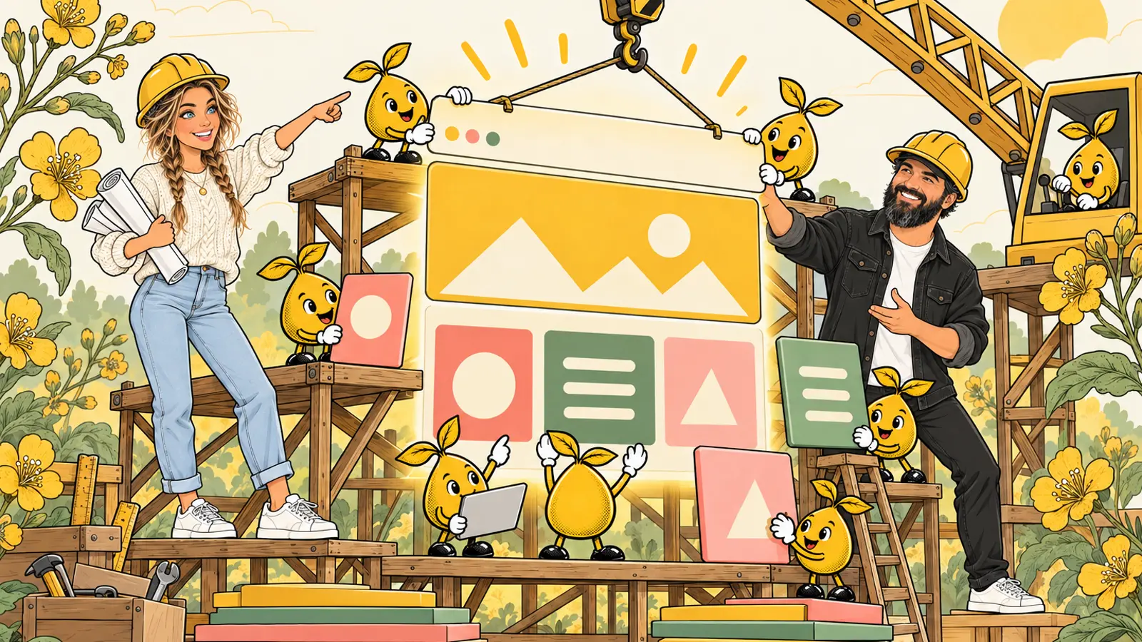 Sarah and Anthony assemble a giant website on a stage while a crane lowers the final panel.