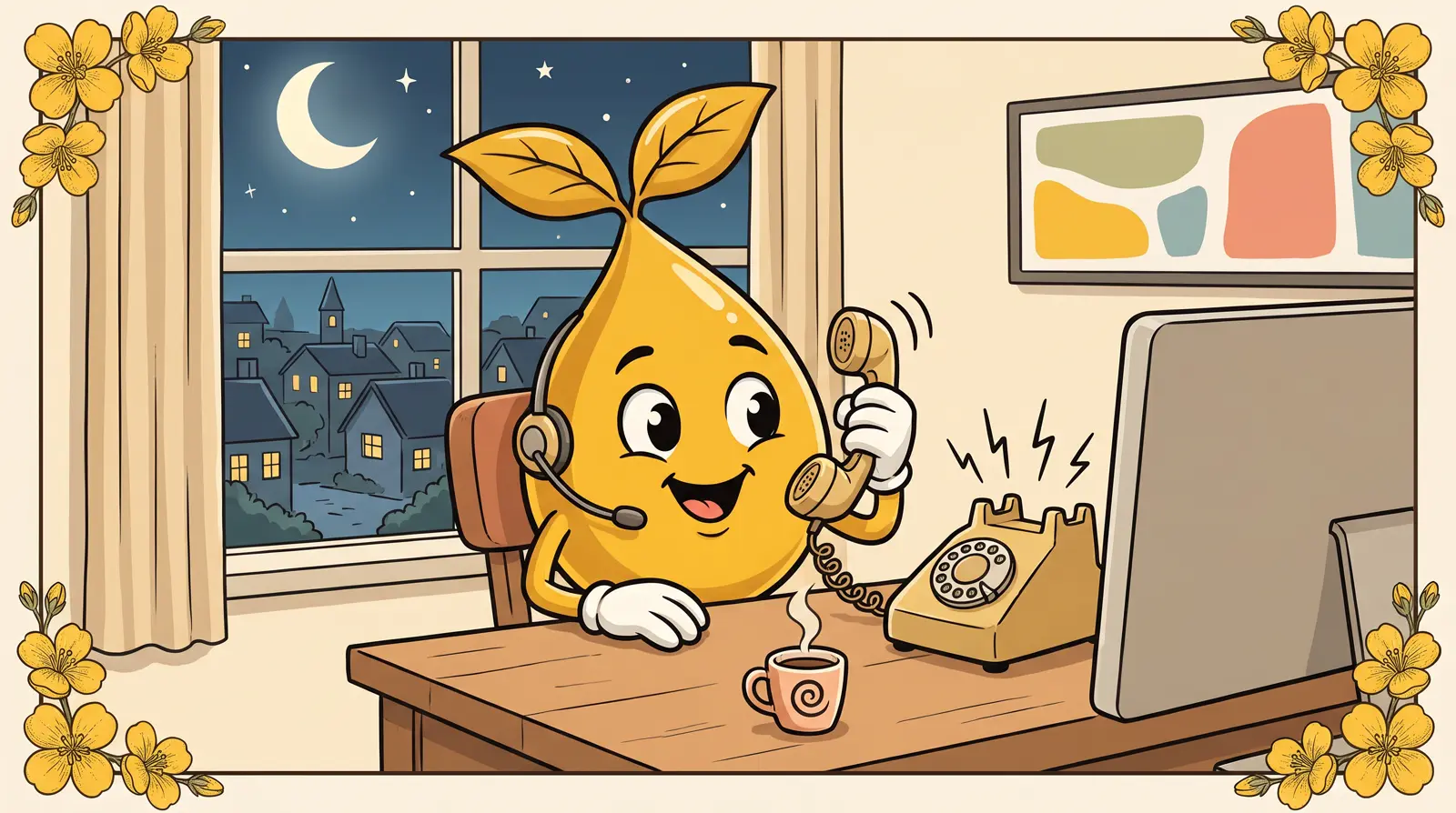 A smiling mustard seed answers an old rotary phone at a desk late at night.