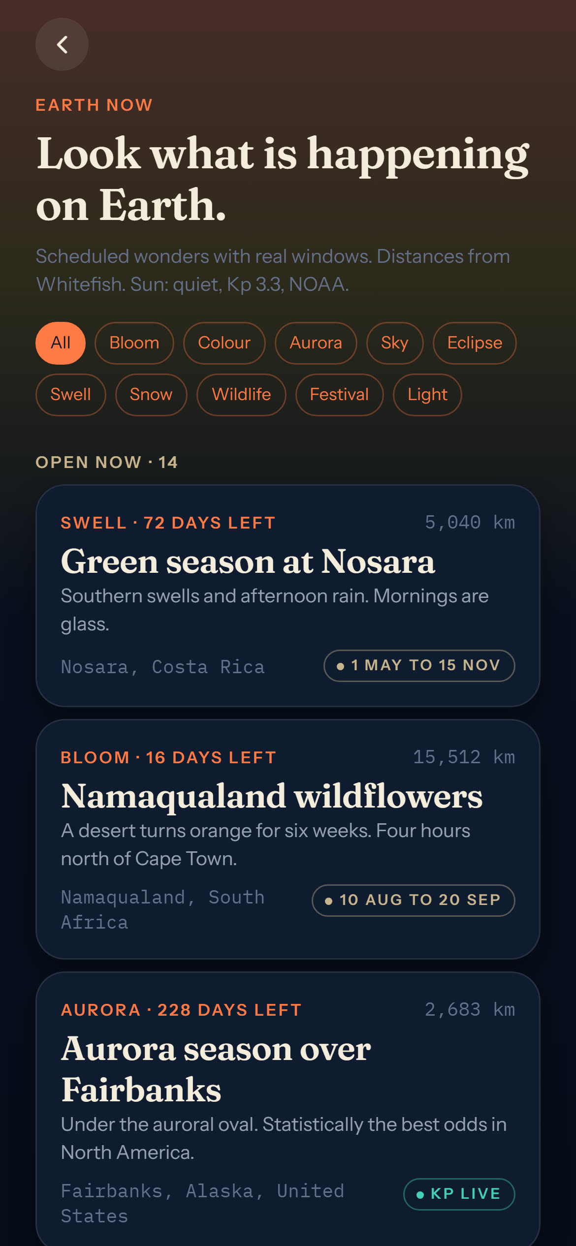 Earth Now listing open windows including aurora season over Tromso and the distance to each one