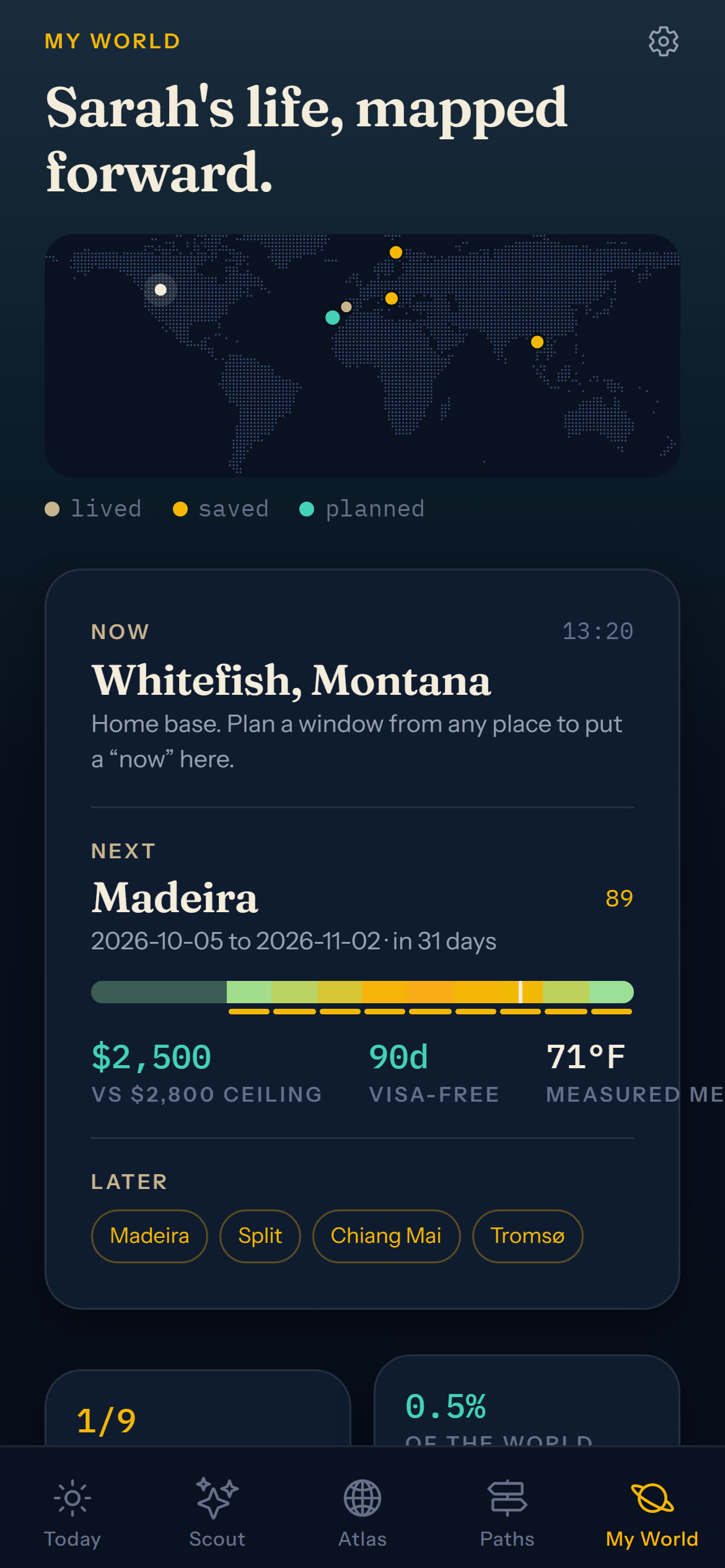 My World showing the current location, the next planned stay in Madeira, saved places and mission progress