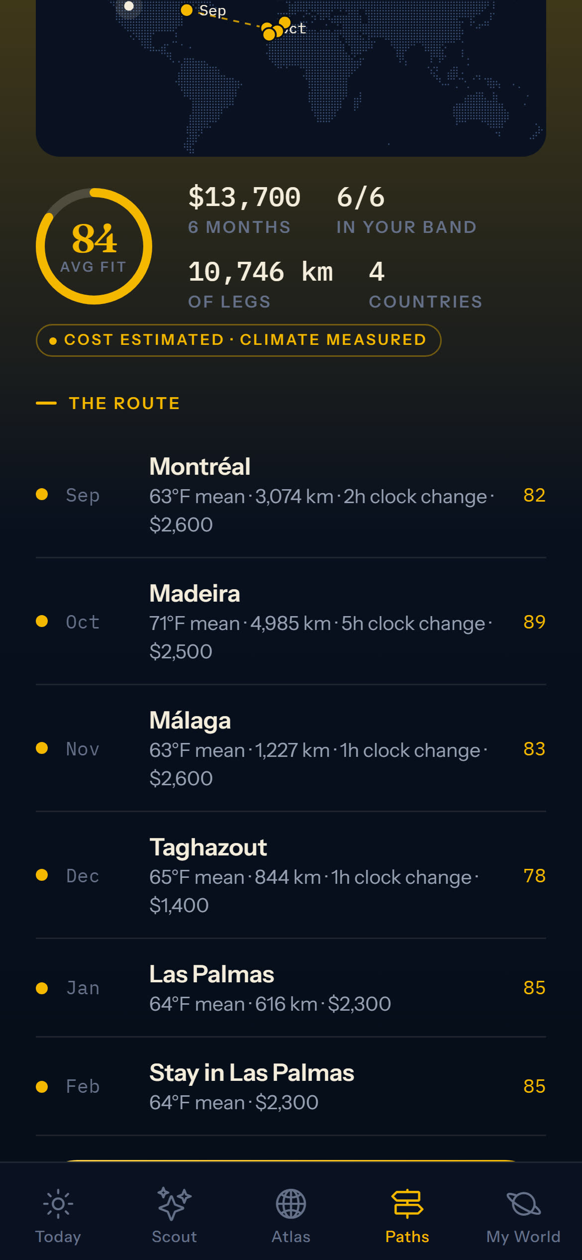 A six month Endless Spring path across Montreal, Madeira, Malaga, Taghazout and Las Palmas with the route mapped