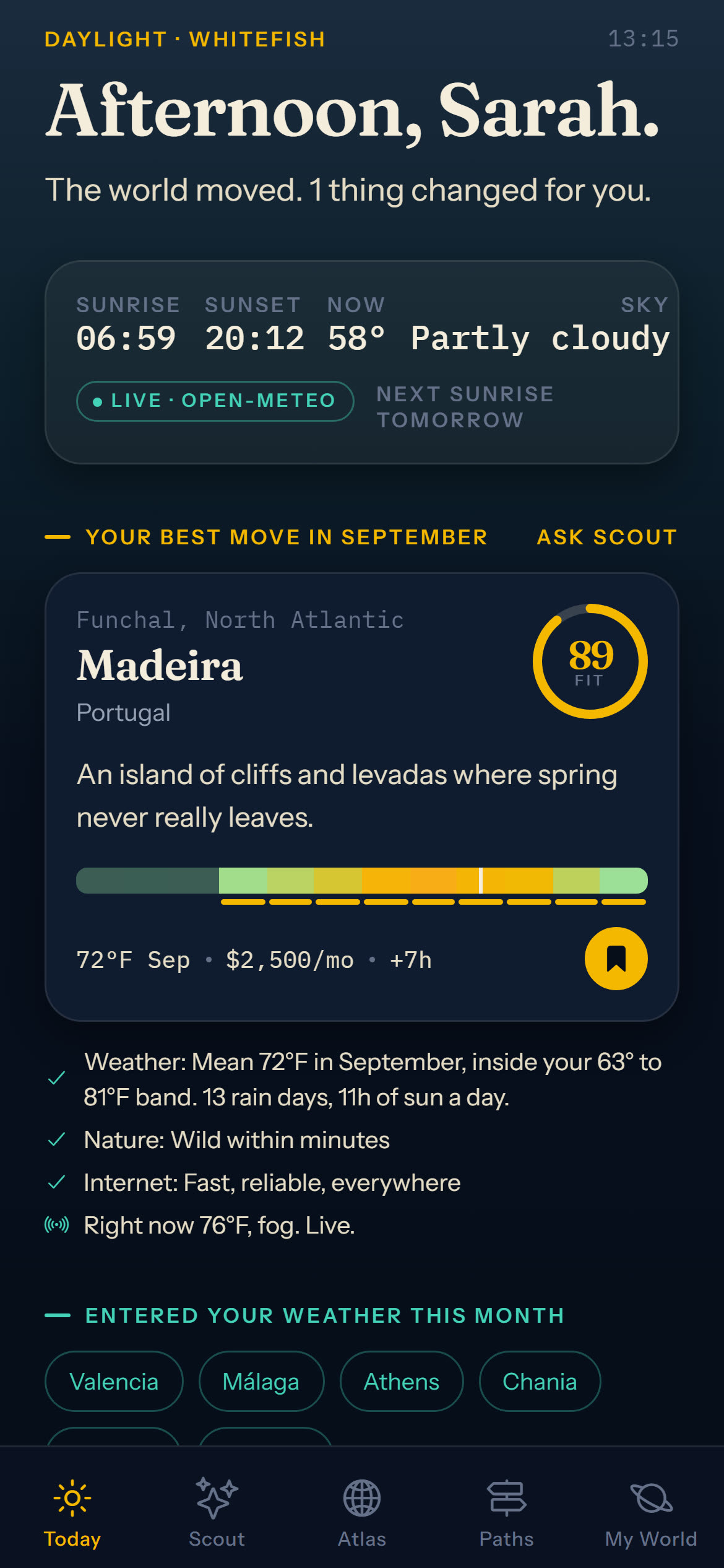 The Today screen: sunrise and sunset for Whitefish, Montana, and the best move this month scored at 89