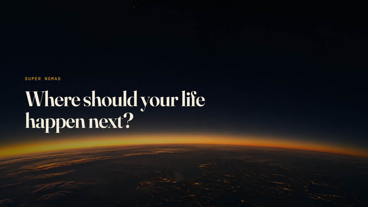 Earth's curved horizon at the day and night line, under the words Where should your life happen next